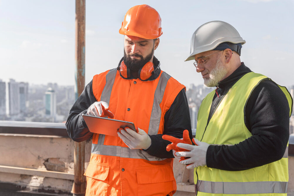 Zwei Sifas besprechen sich auf einer Baustelle. Einer in orangener und einer in gelber Schutzkleidung.