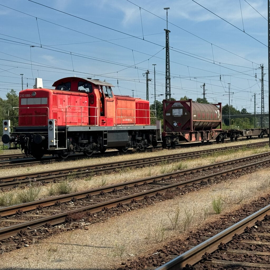 Eine rote Bahn mit Waggons steht auf einem Gleis.