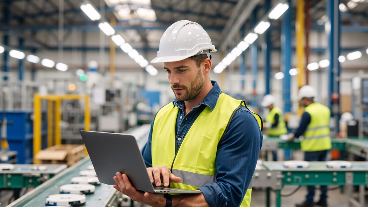 Ein Mann in PSA steht in einem Industriebetrieb und aktualisiert die GBU am Laptop.