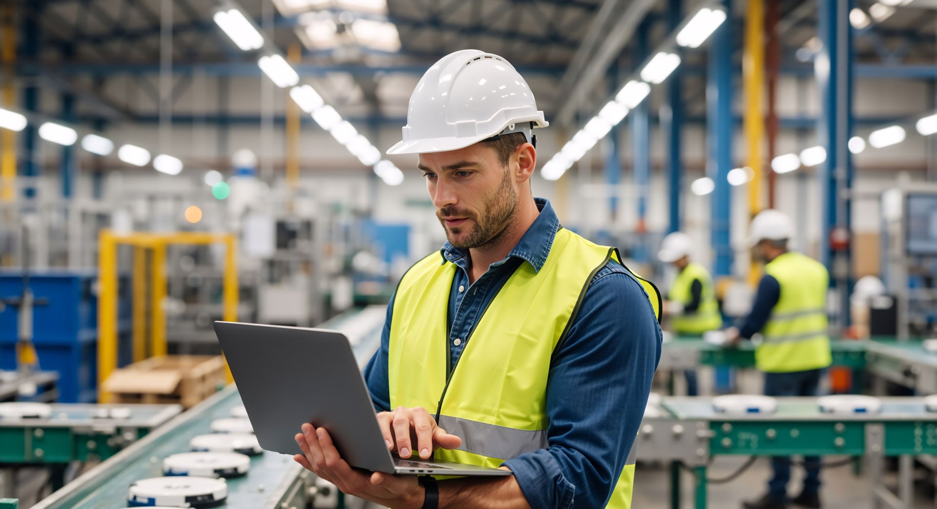 Ein Mann in PSA steht in einem Industriebetrieb und aktualisiert die GBU am Laptop.